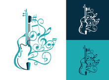 Abstract Musical Sign With Double Bass, Guitar Lines, Swirls And Notes, G Clef. Vector
