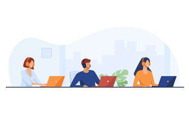 Poster - Customer support representatives working in call center. People in headset working at laptop in office flat vector illustration. Support service concept for banner, website design or landing web page