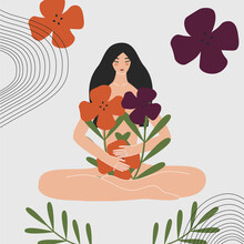 Woman Health And Gynecology Concept. Wild And Natural Female Beauty. Beautiful Pregnant Naked Asian Girl Holding Bouquet Of Flowers. Idea Of Fertility, Body Positivity. Flat Vector Illustration