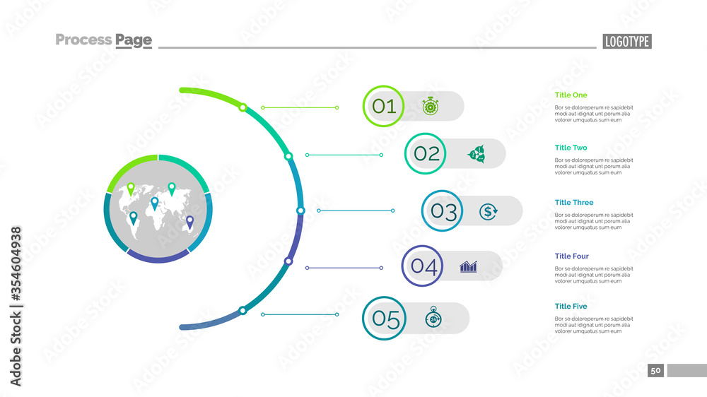 Five steps process chart slide template. Business data. Infochart, plan ...