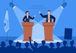 Man and woman candidates are discussing on stage. Debates concept. Candidates speech in front of the crowd people. Flat vector illustration.