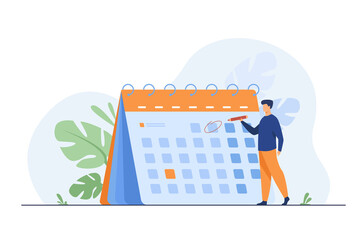 Poster - Businessman planning events, deadlines and agenda. Calendar, schedule, organization process flat vector illustration. Time management concept for banner, website design or landing web page