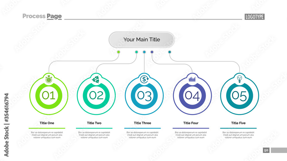 Five ideas process chart slide template. Business data. Step, flow ...