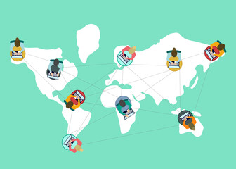 Poster - Global online community talking through laptops and world map on color background, vector illustration in flat style