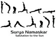 Vector silhouettes of woman practicing yoga complex Salutation to the Sun. Surya Namaskar yoga set.