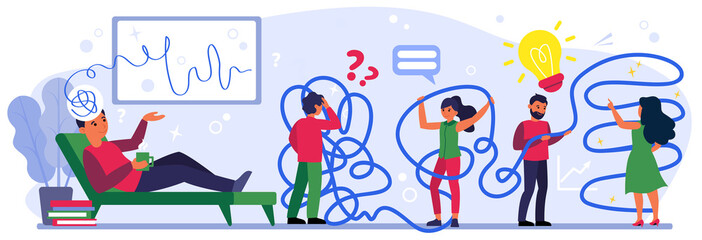 Canvas Print - tangled people searching for decision. man lying on coach and talking his ideas flat vector illustra