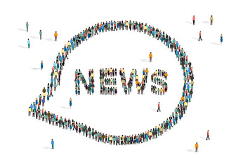 Poster - Speech bubble with word NEWS made from people mob on white background, vector illustration in flat style