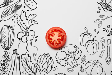 Wall Mural - top view of fresh tomato slice on white background with black vegetables illustration