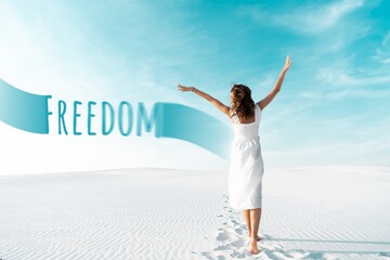 Wall Mural - back view of beautiful girl in white dress with hands in air on sandy beach with blue sky, freedom illustration