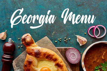 Top view of soup kharcho and adjarian khachapuri on textured green background, Georgia menu illustration