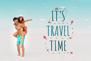 Wall Mural - smiling young man piggybacking girlfriend while woman pointing with finger away on sandy beach, it is travel time illustration