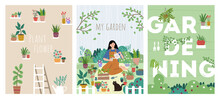 Set Of Posters With Plants, Flowers, Girl Watering Seedlings. Woman In Her Garden, Typography, Stars, Shelves With Plants. Concept Of Home Gardening. Background For Decoration Cards.