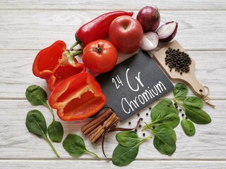 Wall Mural - Food rich in chromium with the symbol Cr and atomic number 24. Natural sources of chromium: apple, bell pepper, spinach, tomato, onion, black peppercorn, cinnamon. Healthy food containing chromium.