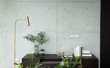 © Nut - Stylish living corner with wooden console amd decoration on bare concrete background / interior design / copyspace