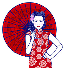 Vector Of Retro Chinese Lady Holding A Red Umbrella On White Background.