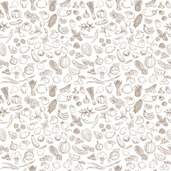 Seamless background pattern of organic farm fresh fruits and vegetables