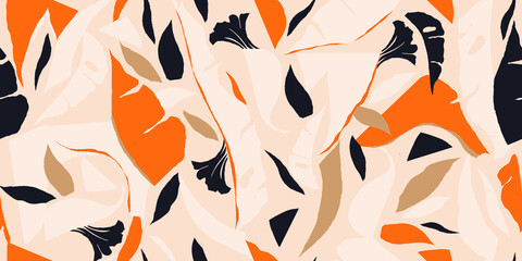 Modern exotic jungle plants illustration pattern. Creative collage contemporary floral seamless pattern. Fashionable template for design.