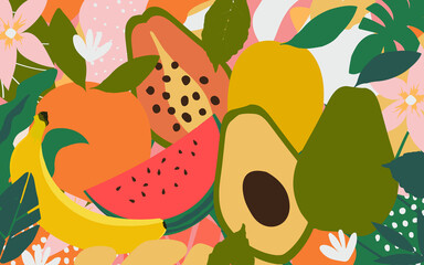 Mix of fruits colorful background vector illustration. Tropical fruit poster with banana, orange, lemon, pear, papaya, avocado and watermelon