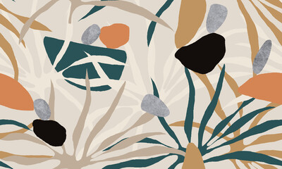 exotic jungle plants illustration pattern. creative collage contemporary floral seamless pattern. fa