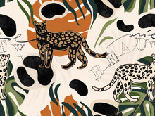 Hand Drawn Abstract Jungle Pattern With Leopards. Creative Collage Contemporary Seamless Pattern. Natural Colors. Fashionable Template For Design. Text "WILD BEAUTY".