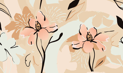 Wall Mural - Beautiful contemporary floral seamless pattern. Fashionable template for design. Soft feminine palette.