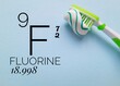 canvas print picture - Fluorine is a chemical element of the periodic table with the symbol F and atomic number 9. The symbol F with atomic data and a brush with fluoride toothpaste.