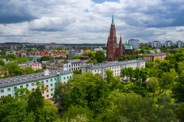 Wall Mural - Aerial view of city center of Dabrowa Gornicza. Church of Our Lady of the Angels Lady Dąbrowa Górnicza and Mother of the Basin. Upper Silesia. Poland.