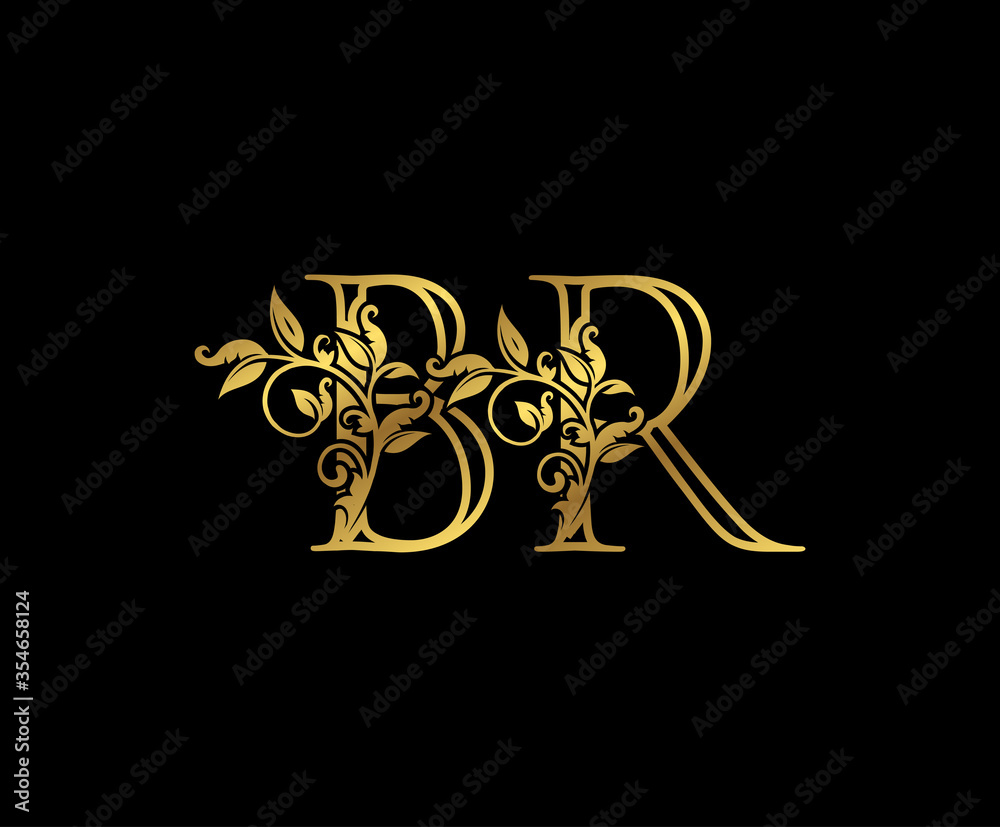 B And R Calligraphy Luxury Gold letter B, R and BR Vintage decorative ornament letter stamp ...