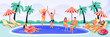 © Qualit Design - Young happy people on summer pool party. Vector flat cartoon characters illustration. Men, women in bikini and swimwear