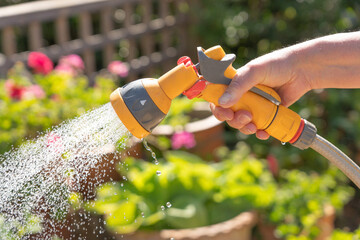 Hand holding a watering hose spray gun watering plants in a garden. UK