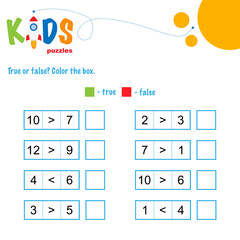 True or false math worksheet. Comparing numbers worksheet. Easy worksheet, for children in preschool, elementary and middle school.