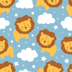 Wall Mural - Lion cute seamless pattern, vector illustration background, animal cartoon pattern for kids