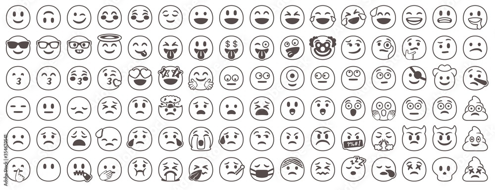 Black and white faces emoji. Stencil emoticon icon vector set Stock ...