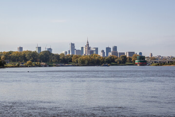 Sticker - Downtown of Warsaw city, Poland seen from Siekierkowski Bridge over River Vistula, Poland