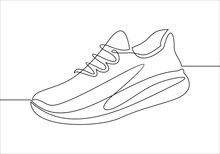 Vector Illustration Of Sneakers. Sports Shoes In A Line Style. Continuous One Line