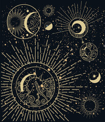 card design showing the moon phases in intricate vector illustrations on a dark sky background for a