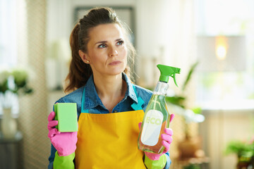 Wall Mural - pensive woman with cleaning agent and sponge