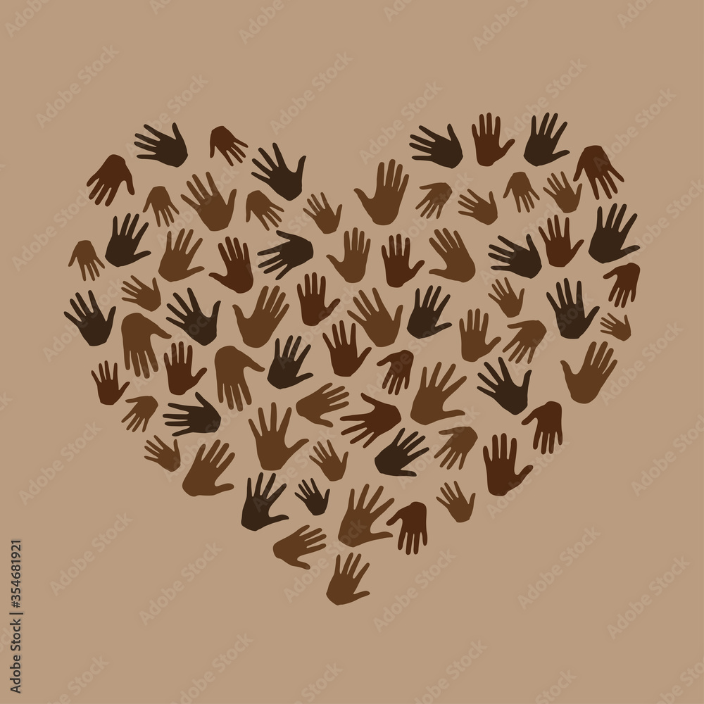 Many hands in heart shape on brown background. Black lives matter. New movement on the rise, interracial community unity. Protests against racism in America. Modern vector in flat style - obrazy, fototapety, plakaty 