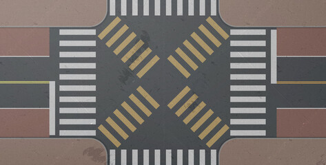 Wall Mural - Zebra, road intersection top view. Crosswalk with white and yellow lines marking on gray asphalt and tiled sidewalk. City street crossing with pedestrian junction, Realistic 3d vector background