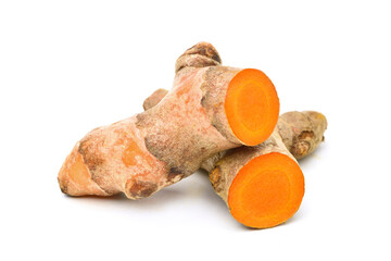 Close-up Turmeric (Curcuma longa Linn)  rhizome (root) cutting isolated on white background.