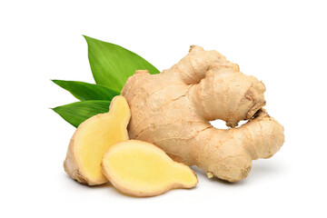 Fresh ginger rhizome with sliced and green leaves isolated on white background.