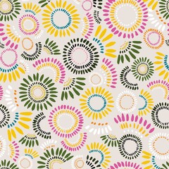 Abstract seamless repeat, geometric pattern with stripes, dots and circle shapes