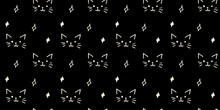 Hand Drawn Black And White Cat Faces Shiny Glisten Icon Seamless Background For Textile Wallpaper Fabric Design. Ink Drawing Cute Texture.