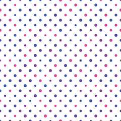 Wall Mural - Seamless polka dot pattern. Pink, violet and blue dots in random sizes on white background. Vector illustration