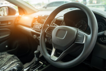 Aufkleber - New car steering wheel,Interior view of car with black salon.
