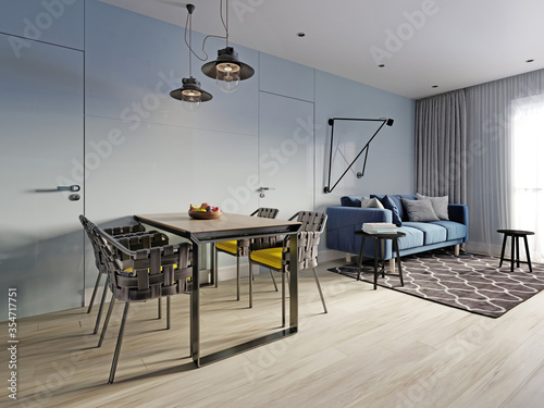 Fotomural small studio apartment with kitchen, dining room and living room with sofa