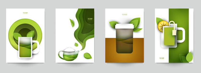 Wall Mural - Collection colorful template cover for tea. Abstract art composition in modern geometric papercut style. Minialistic concept design for branding banner, flyer, book, menu, card. Vector illustration.
