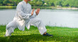 © May Chanikran - Young man practicing traditional Tai Chi Chuan, Tai Ji and Qi gong in the park for healthy, traditional chinese martial arts concept.