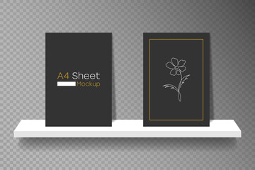 Aufkleber - Shelf mockup for product presentation and A4 paper sheets for sample. Realistic 3d shop shelves for exhibition and advertising. Bookshelf with books with shadow on transparent background. Vector.