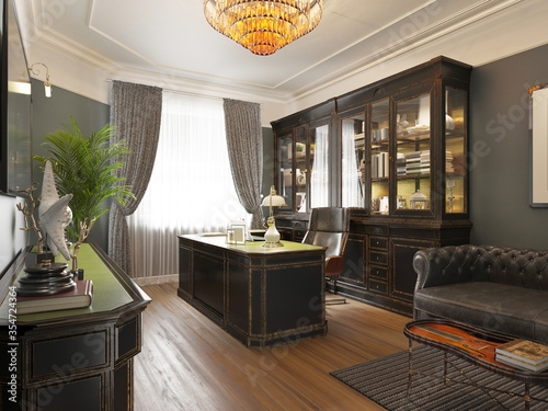 Cuadros en Lienzo Classic interior study cabinet with a study table, bookcase with shelves and a leather sofa
